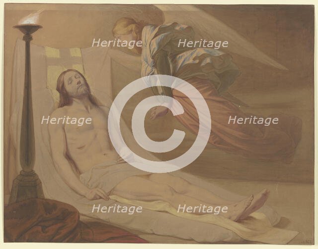 Christ in the tomb, above him hovering a mourning angel, 1851. Creator: Eduard von Steinle.