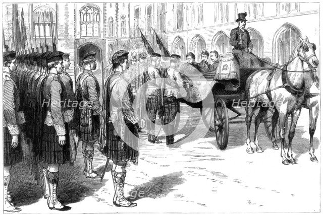 Queen Victoria receiving the old colours of the Seaforth Highlanders, Windsor, 1885. Artist: Unknown