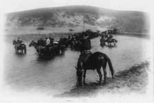 Rough riders on horseback in water at Montauk Point, 1898. Creator: Frances Benjamin Johnston.
