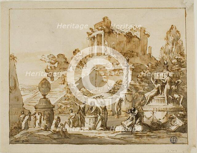 Classical Landscape with Ruined Temple on Hill, Female Figures Below, n.d. Creator: Antonio Zucchi.