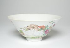 Bowl with Goats among Flowering Peonies, Pomegrenates..., Qing dynasty, Daoguang reign (1821-1850). Creator: Unknown.