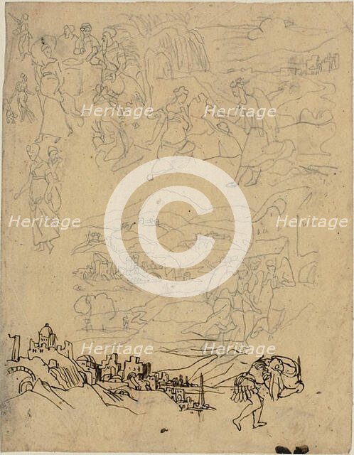 Sketches of Biblical Scenes, Town by Lake, Mountain Village, Warrior, n.d. Creator: Rodolphe Bresdin.