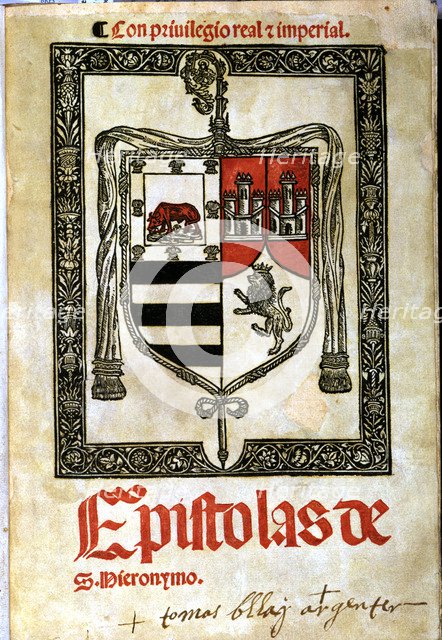 Epistles of St. Jerome, cover in two colours with large coat of arms of the Abbess Maria Enriquez…