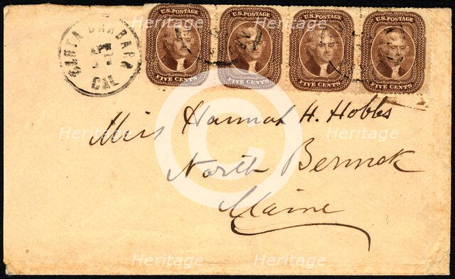 5c Thomas Jefferson strip of four on Santa Barbara, CA to Maine cover, 1860-1861. Creator: Unknown.