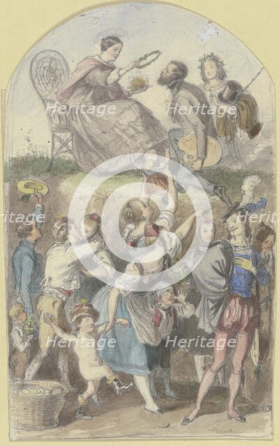 A crowning of an artist, a crowd below. Creator: Albert Hendschel.