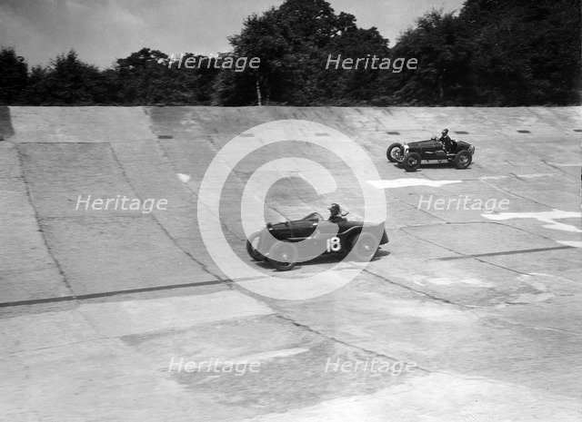 MG C type and Amilcar C6 racing on the banking at Brooklands. Artist: Bill Brunell.