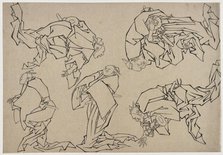 Five musicians playing drums, late 18th-early 19th century. Creator: Hokusai.