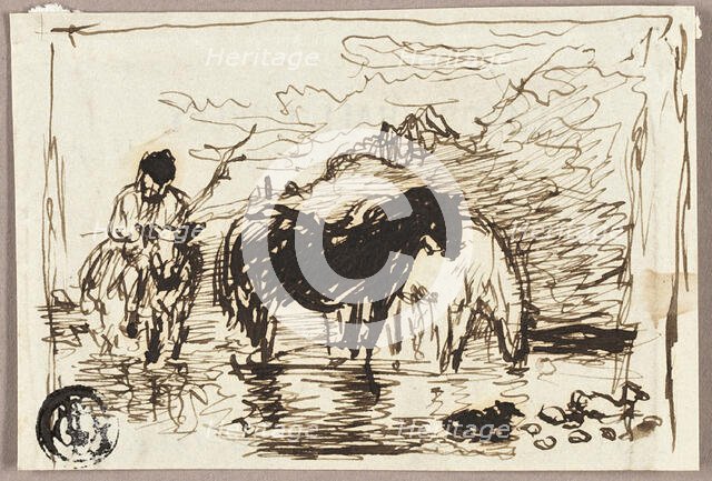 Sketch of Watering Horses, c.1847. Creator: John Burnet.