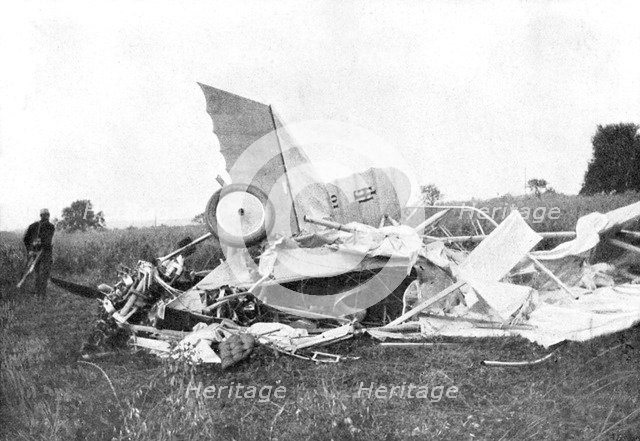 Wreckage of aeroplane in which British pilot Flight-Lieutenant Warneford was killed, 1915. Artist: Unknown
