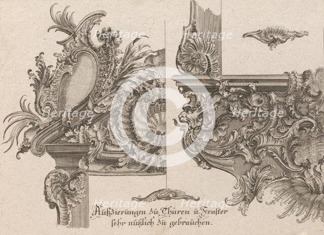 Suggestions for the Decoration of a Door and Window Frame, Plate 1 from 'Au..., Printed ca. 1750-56. Creator: Johann Sebastian Muller.