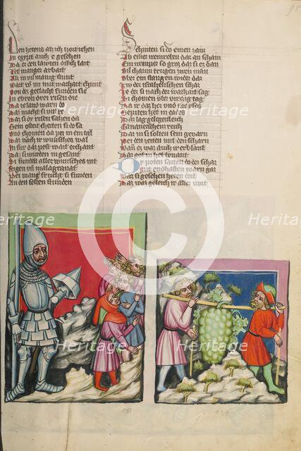 The Anakitic Giant before the Israelites: The Spies with the Grapes; Weltchronik, about 1400-1410. Creator: Unknown.