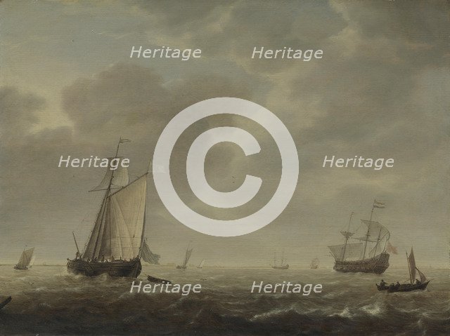 A Dutch Man-of-war and Various Vessels in a Breeze, c. 1640. Artist: Vlieger, Simon de (1601-1653)