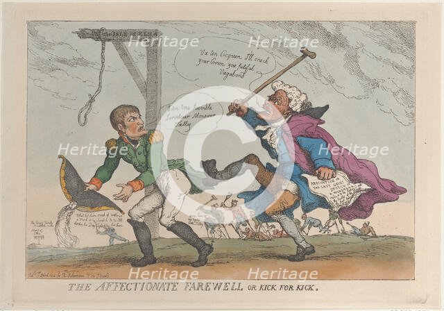 The Affectionate Farewell, or Kick for Kick, April 17, 1814., April 17, 1814. Creator: Thomas Rowlandson.