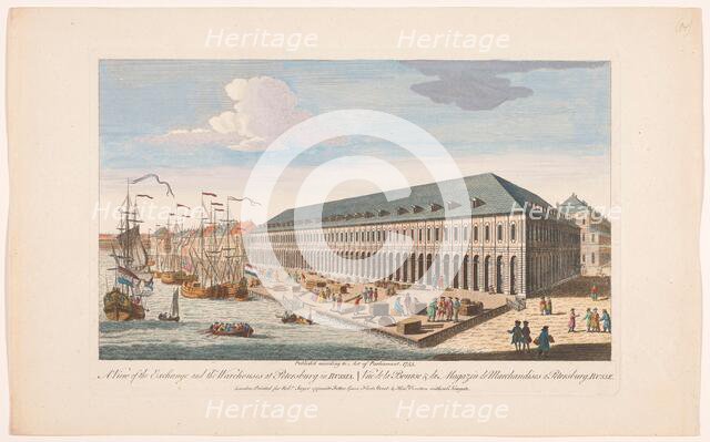 View of the Exchange and the warehouses at Petersburg in Russia, 1755. Creator: Unknown.