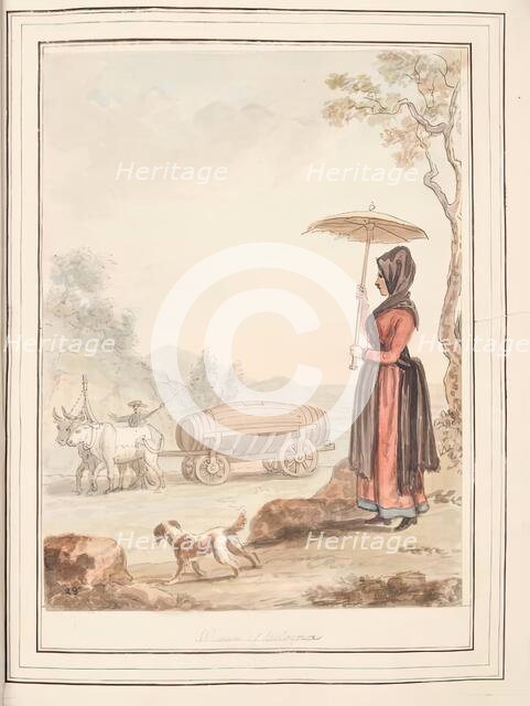 Woman of Bologna, leaf from 'A Collection of Dresses by David Allan Mostly from Nature', 1776. Creator: David Allan.