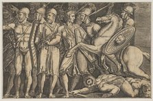 Trajan Fighting the Dacians; Trajan on horseback at right riding towards a group ..., ca. 1515-1600. Creator: Unknown.