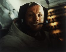 Commander Neil Armstrong in the Lunar Module on the Moon, Apollo 11 mission, July 1969. Creator: Buzz Aldrin.
