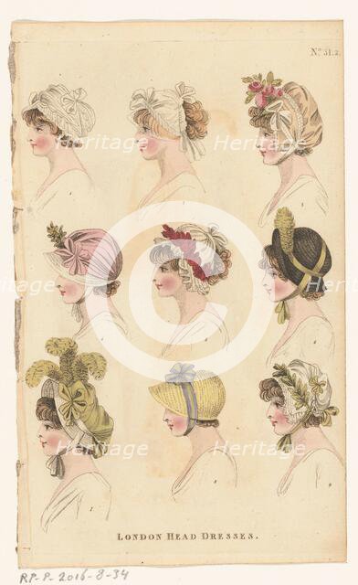 Magazine of Female Fashions of London and Paris, No.31.2, London Head Dresses, 1798-1806. Creator: Unknown.