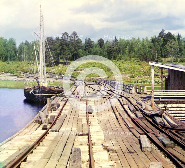 Railroad dam at the Lizhma Station, 1915. Creator: Sergey Mikhaylovich Prokudin-Gorsky.