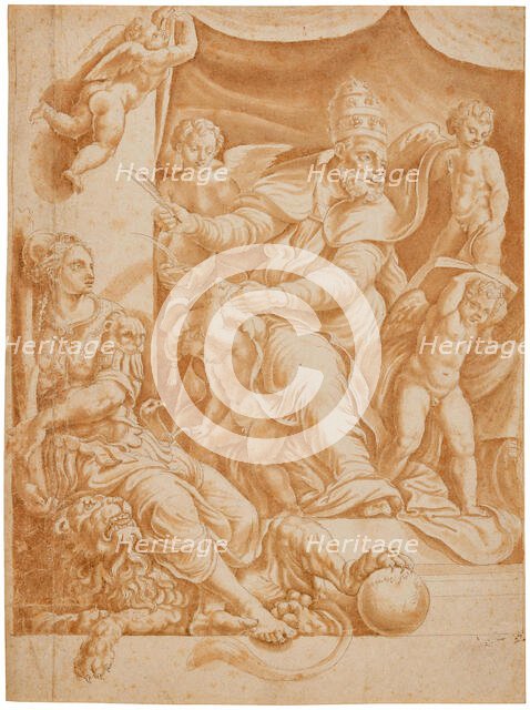 Pope Sylvester with surrounding putti and Allegory of Fortitude. Creator: Romano, Giulio, (after)  .