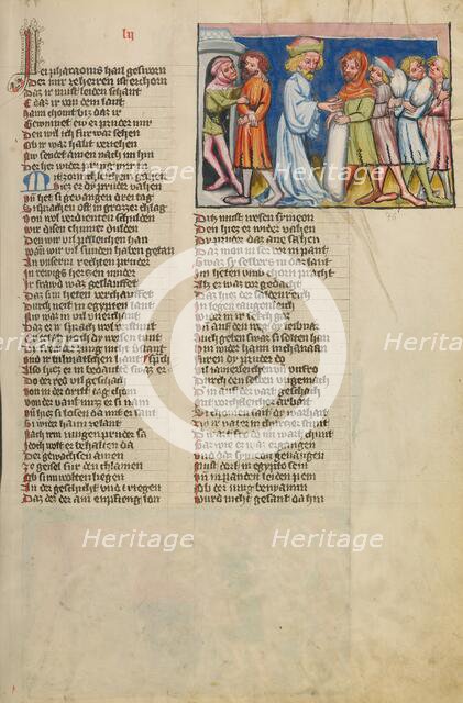 Simeon Taken Prisoner While Joseph's Other Brothers Return to Canaan; Weltchronik, about 1400-1410. Creator: Unknown.