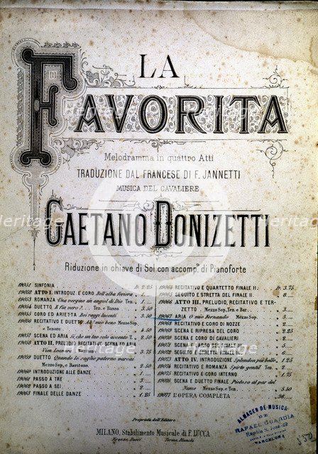 Cover of the score of the opera 'The Favourite' by Gaetano Donizetti.