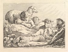 Two Sleeping Children With Three Sheep, 18th century. Creator: Pierre Alexandre Aveline.