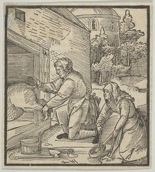 A Farmer Slaughtering a Hog, from Hymmelwagen auff dem, wer wol lebt..., 1517. Creator: Hans Schäufelein the Elder.
