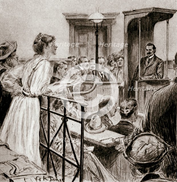 Christabel Pankhurst, British suffragette, questioning Herbert Gladstone in court, London 1909. Artist: GK Jones
