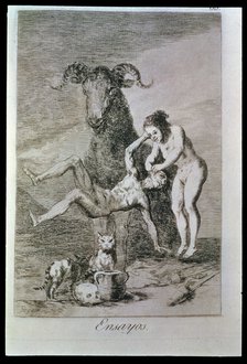 Los Caprichos, series of etchings by Francisco de Goya (1746-1828), plate 60: 'Ensayos' (Trials),…