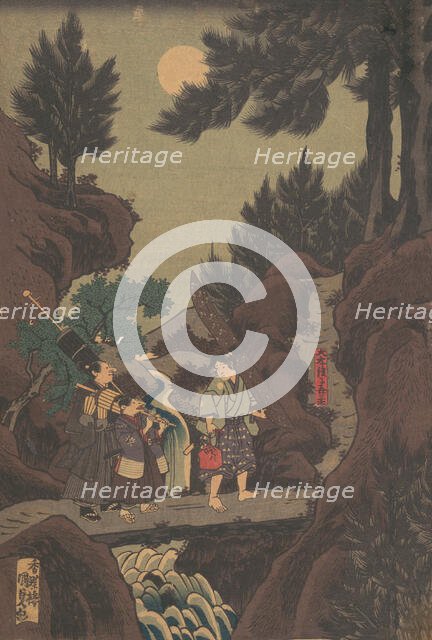 Shanao [Yoshitsune] Learns Martial Arts in Sojogatani (Shanao Sojogatani ni h..., 1830s (Tenpô era). Creator: Utagawa Kunisada.