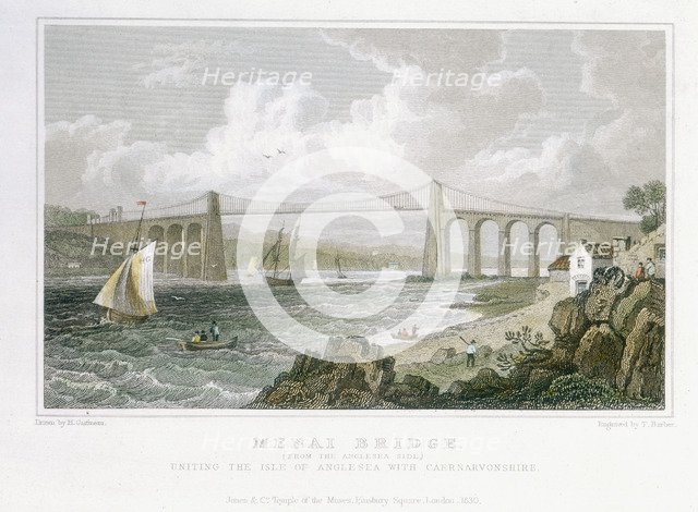 'Menai Bridge (from the Anglesea Side)', 1830. Artist: Thomas Barber