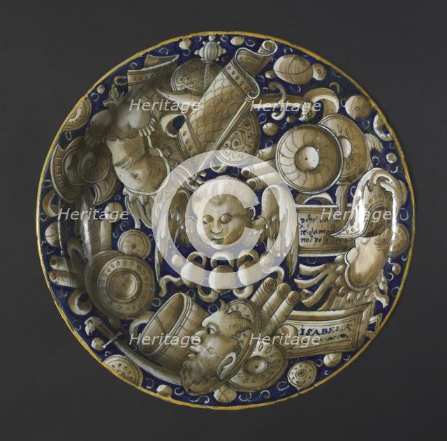 Plate with Putto, Mask, and Trophies, c. 1440-1460. Creator: Unknown.