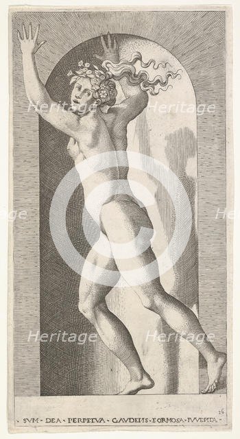 Plate 16: Hebe in a niche with her hands in the air, running to the left while looking to ..., 1526. Creator: Giovanni Jacopo Caraglio.