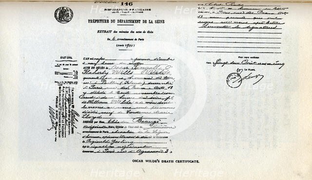 Oscar Wilde's death certificate, 1900. Creator: Unknown.