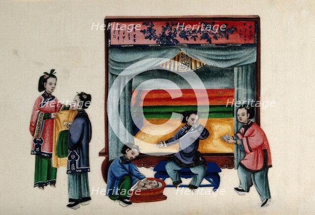 A baby is bathed while an attendant brings tea to the mother who is reclining on a settee..., 1800. Creator: Unknown.