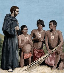 Augustinian Recollect friar converting Guahibo Indians, Spanish Mission, Colombia, 1887.  Creator: Unknown.