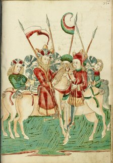 King Avenir and Josaphat Meet on Horseback, with Attendants; Barlaam und Josaphat, 1469. Creators: Hans Schilling, Diebolt Lauber.