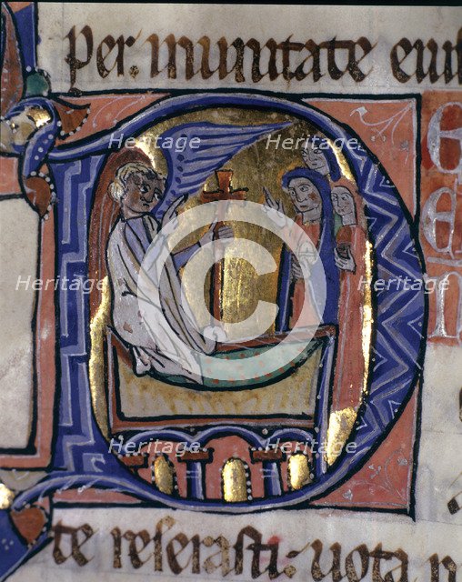 The Three Marys at the Tomb, illuminated capital letter in the 'Episcopal Sacramentary of Elna', …