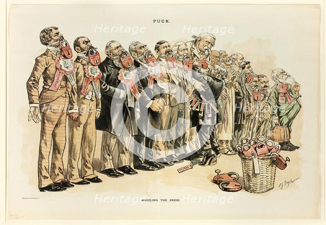 Muzzling the Press, from Puck, published May, 1889. Creator: Charles Jay Taylor.