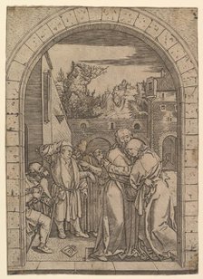 Joachim embracing Saint Anne under the golden gate in Jerusalem, after Dürer, ca. 1500-1534. Creator: Marcantonio Raimondi.