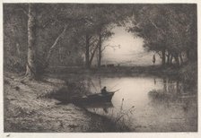 A Fisherman in a Wooded Pond at Evening, 1887. Creator: Adolphe Appian.