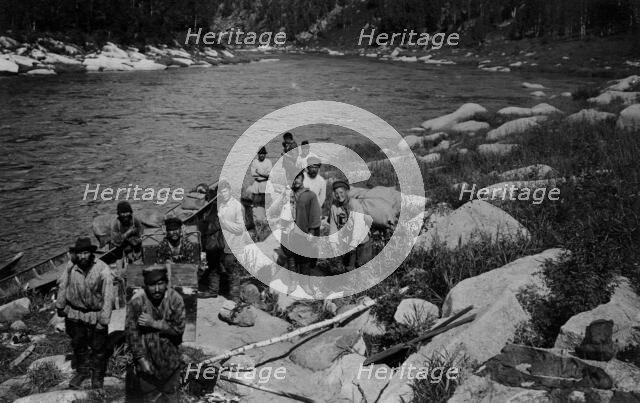 Carrying the Heavy Load of a Land-Management Expedition, Detouring the Mrassu River Rapid, 1913. Creator: GI Ivanov.