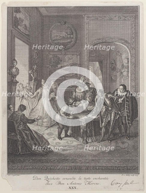 Plate 30: Don Quixote consults the enchanted head at Don Antonio Moreno's house (Don Quich..., 1745. Creator: Jakob van Schley.