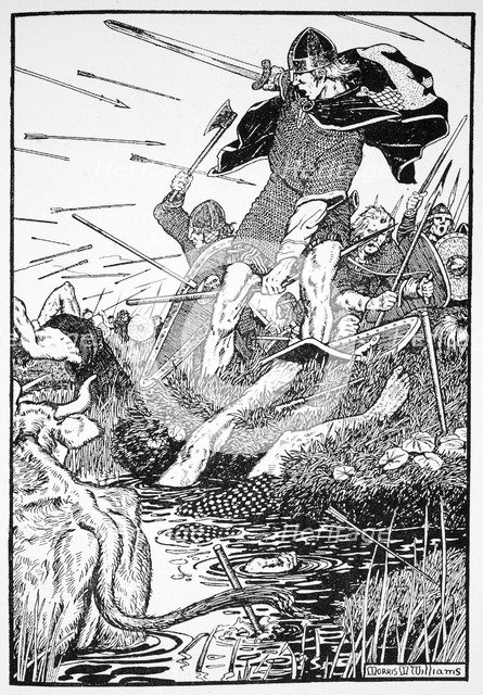 'King Magnus in the marsh at Downpatrick', Ireland, 1103 (1913). Artist: Morris Meredith Williams