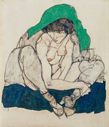 Crouching Woman with Green Headscarf, 1914. Artist: Schiele, Egon (1890–1918)