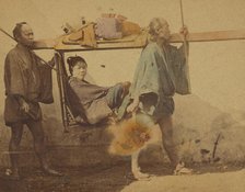 Japanese woman in a sedan, being carried by two men, 1865-1875. Creator: Unknown.