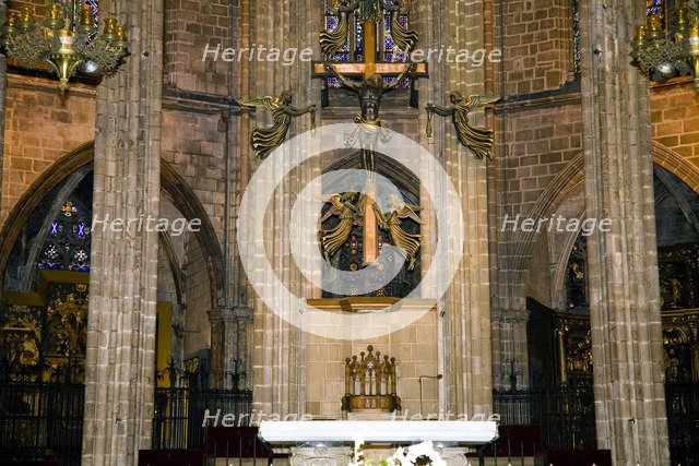 The high altar (1337) and crucifix in the Cathedral of Santa Eulalia, Barcelona, Spain, 2007. Artist: Samuel Magal