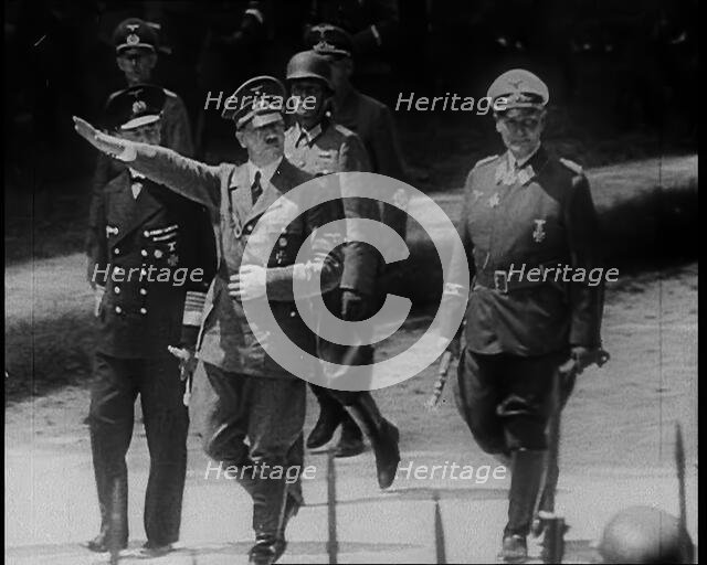 Adolf Hitler Saluting as He, Hermann Goering and Others Arriving at Compiegne to Receive..., 1940. Creator: British Pathe Ltd.