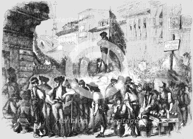 'Scene at a Barricade during the recent Spanish Insurrection', 1854. Creator: Unknown.
